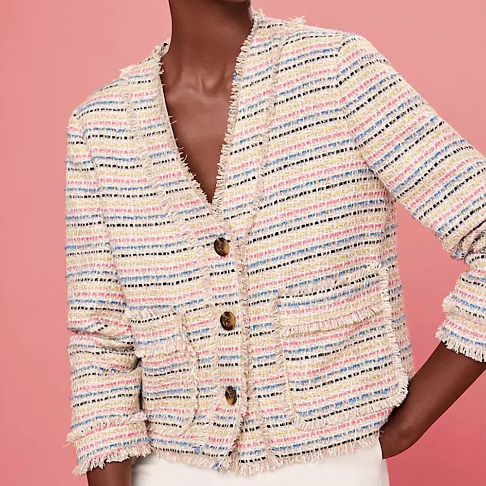 Ann Taylor fringe shimmer tweed cardigan jacket